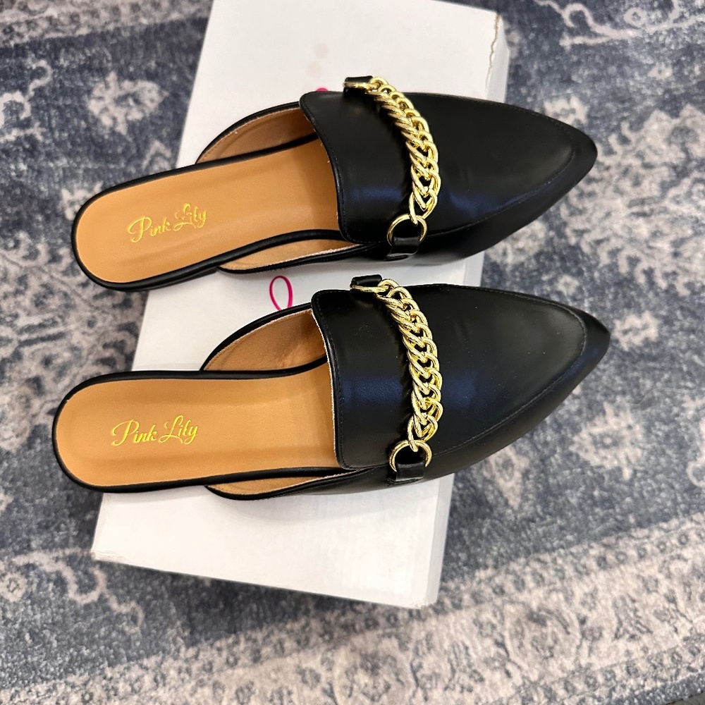 Pink Lily black slides mules gold accent 6.5